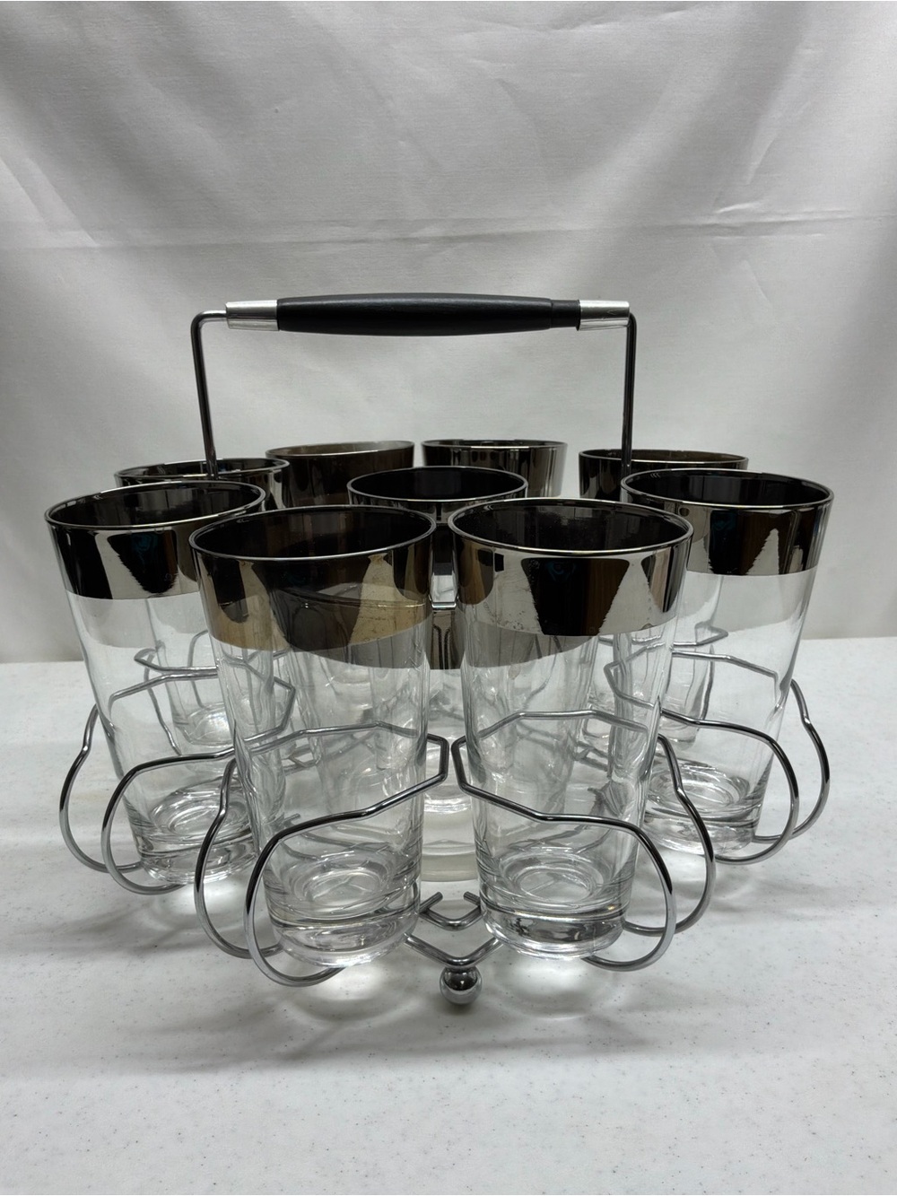 Vintage MCM  9 Silver Fade Highball Glasses & Ice Bucket in Carrier